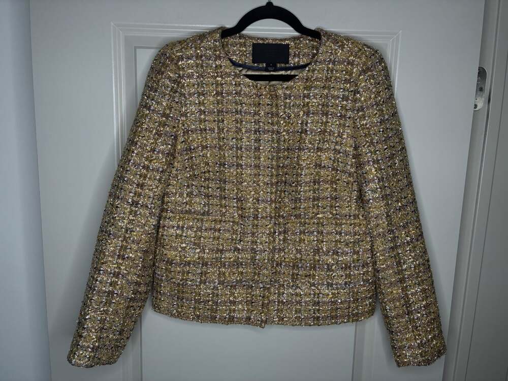 J Crew Collection Tweed Lady Jacket in Gold Silver Metallic Size 6 - Picture 2 of 8